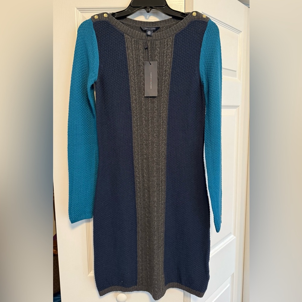 Tommy Hilfiger Teal, Navy Blue and Charcoal Sweater Dress Size S